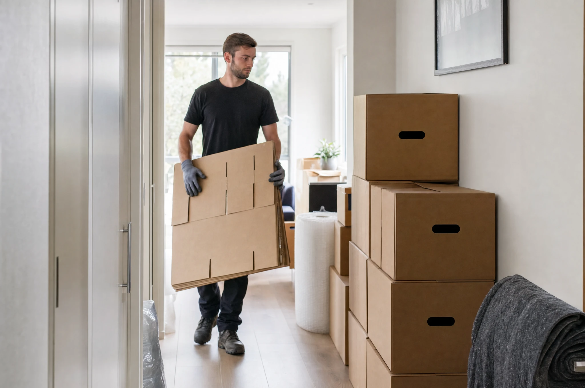 Checkliste für eine stressfreie Wohnungsräumung – Clearx Umzugshelfer trägt gefaltete Umzugskartons durch den Flur einer modernen Wohnung