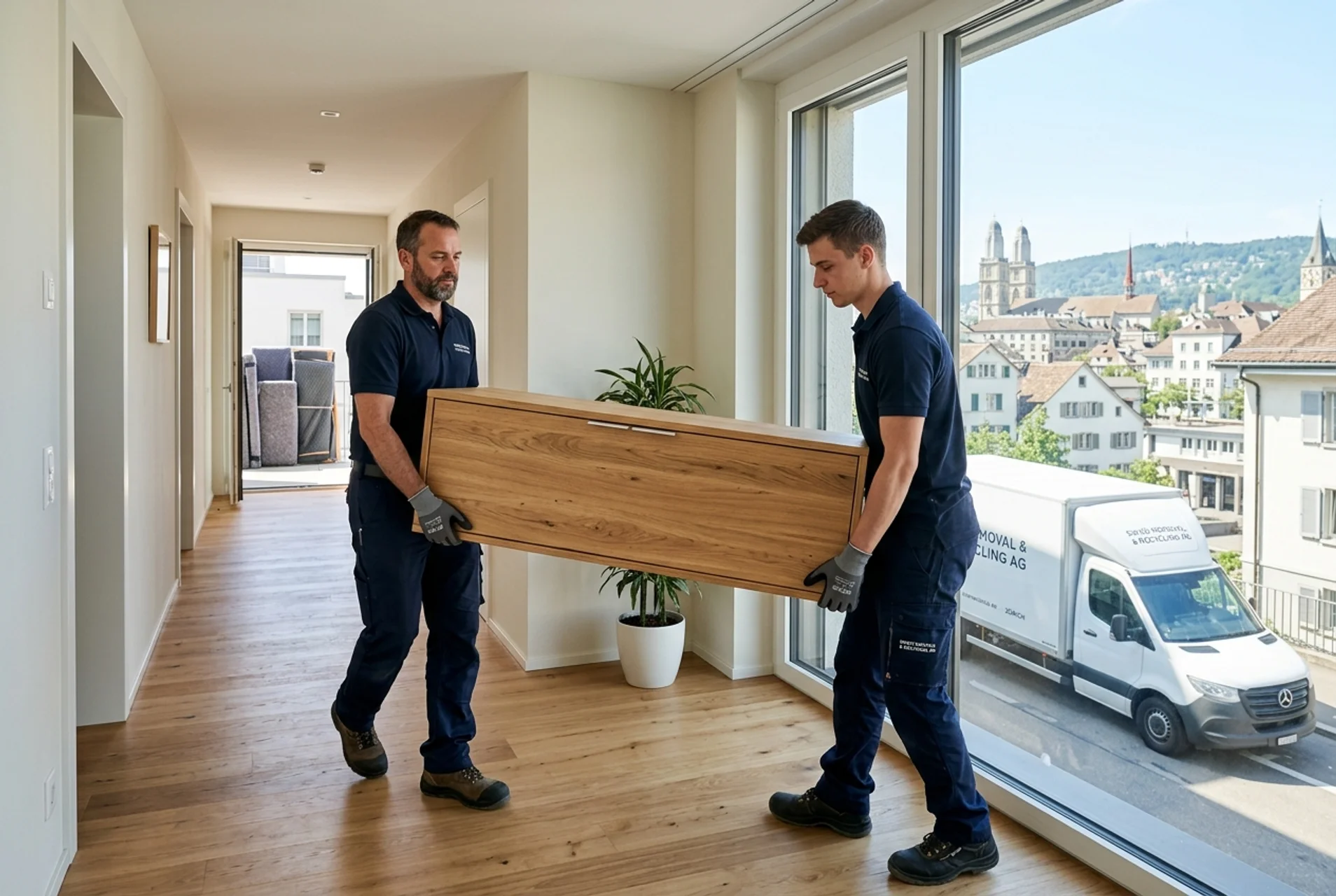 Express Möbelentsorgung und Kellerentrümpelung in Zürich – Clearx Fallbeispiel CLEARX Entsorgungsexperten transportieren schwere Möbelstücke durch das Treppenhaus in Zürich