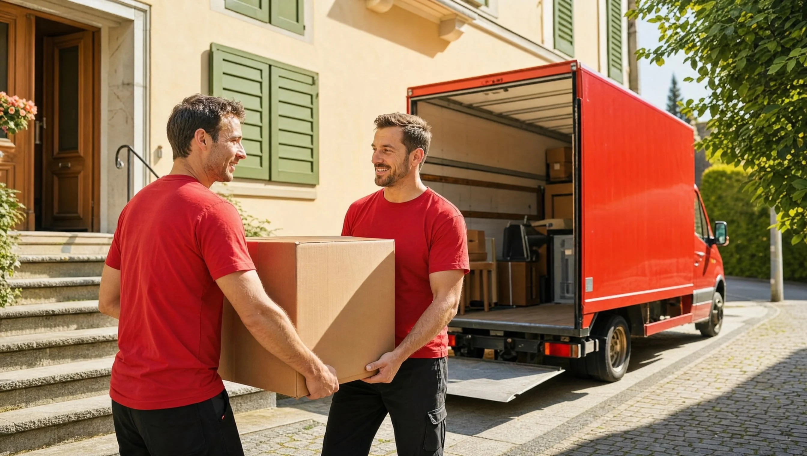 CLEARX – Räumung, Entrümpelung und Möbelentsorgung Schweiz CLEARX Team räumt eine Wohnung mit rotem Lieferwagen
