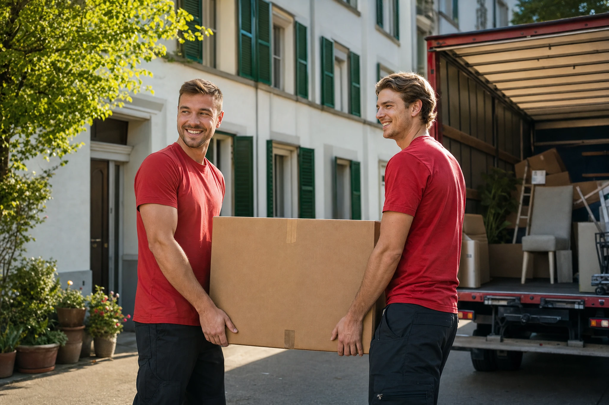 Fachgerechte Möbelentsorgung mit Abholservice – Clearx Zwei Möbelentsorger von CLEARX verladen Mobiliar am Transportfahrzeug