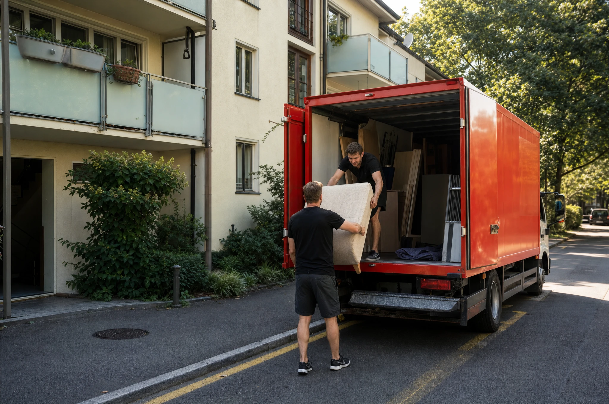 Professionelle Räumungsfirma in Zürich und der ganzen Schweiz – Clearx Zwei CLEARX Umzugshelfer beladen ein rotes Transportfahrzeug mit Möbeln