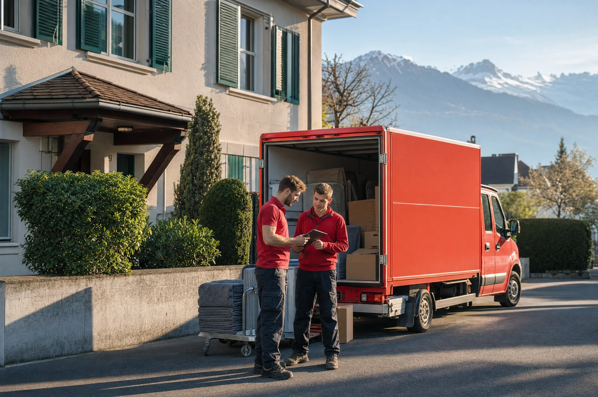 Zuverlässige Schweizer Qualität mit Fixpreis-Garantie – Clearx Zwei CLEARX Mitarbeiter besprechen den Räumungsauftrag vor Alpenpanorama
