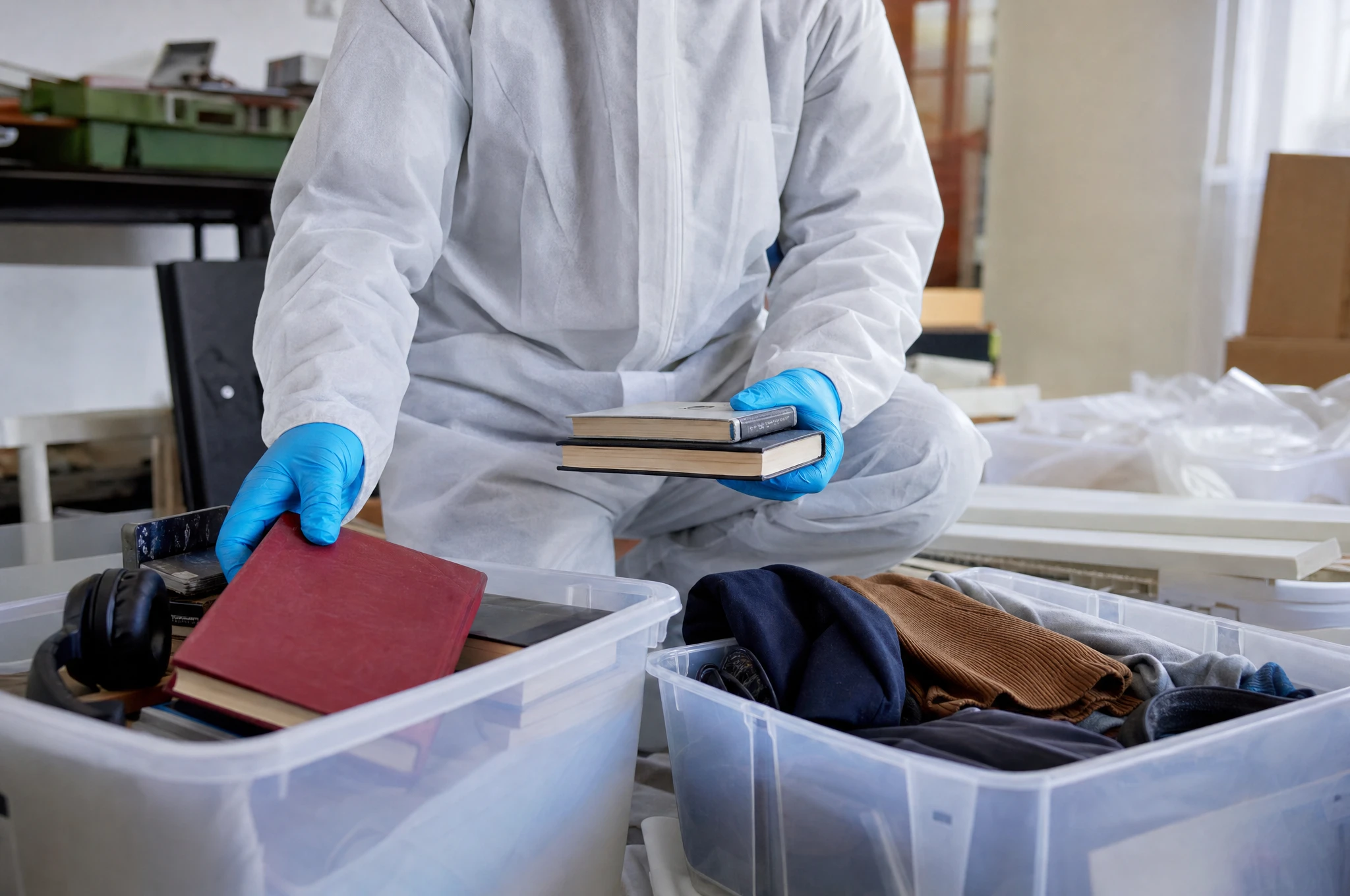 Diskreter und strukturierter Ablauf bei Messiewohnungen – Clearx Fachkraft in Schutzkleidung sortiert Bücher und Inventar bei einer Messiewohnungs-Räumung